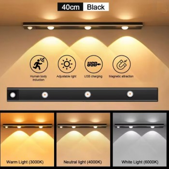 Світлодіодний led світильник з акумулятором і датчиком руху на магнітах чорний 40 см