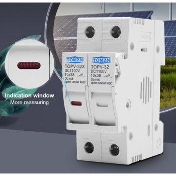 Тримач запобіжників 10х38мм TOMZN TOPV-32 2P 1100V DC для сонячних панелей PV систем з LED індикацією